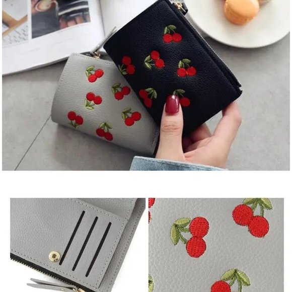 FAUX LEATHER CHERRY BI FOLD MULTI SLOT COIN WALLET PURSE - Picture 9 of 12